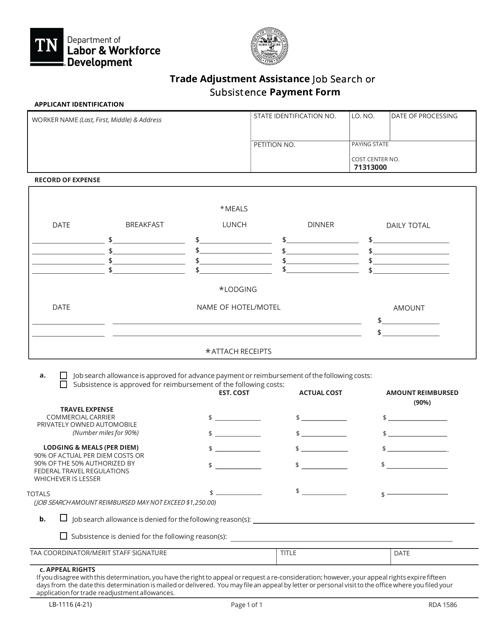Form LB-1116 Job Search Payment Form - Tennessee