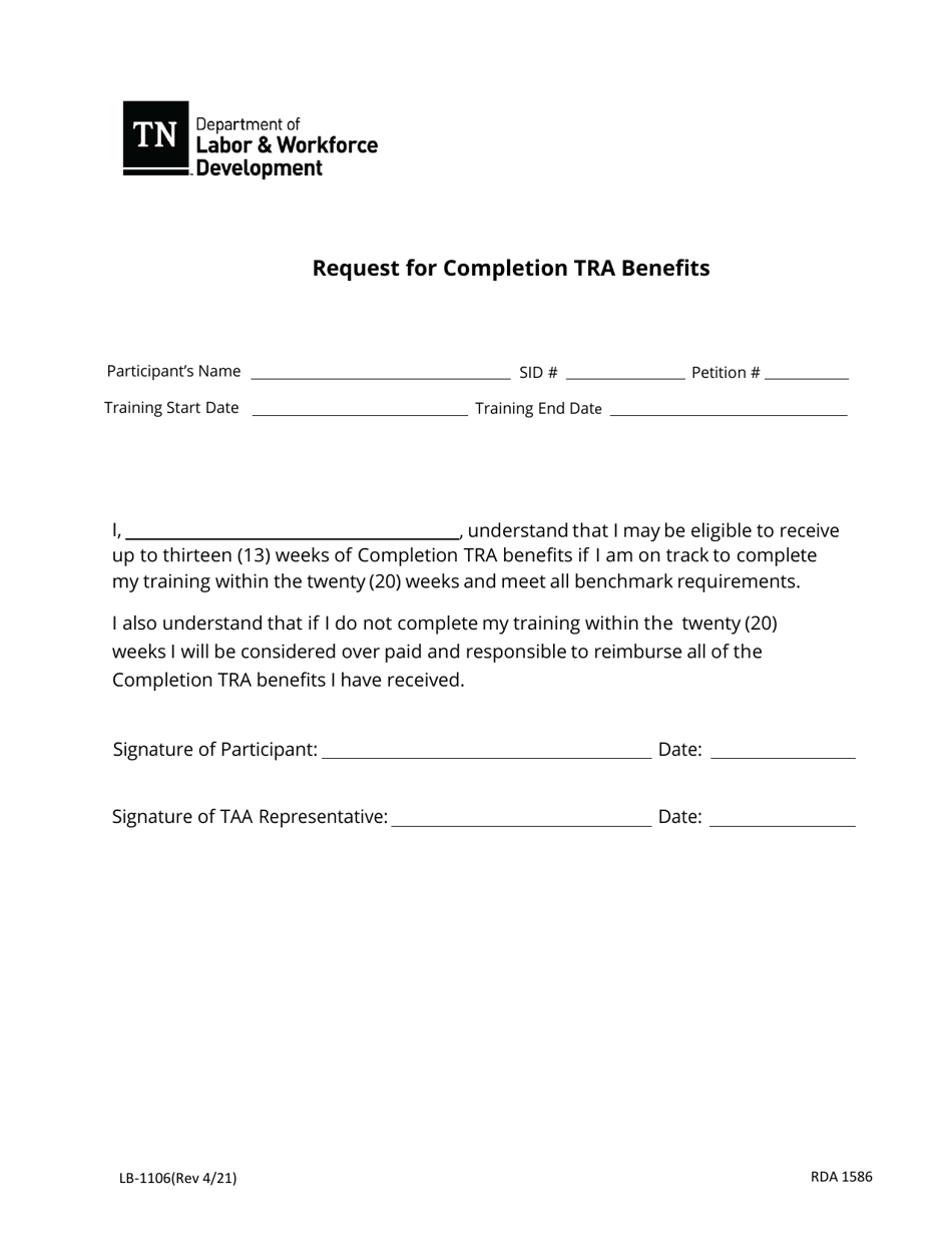 Form LB-1106 Request for Completion Tra Benefits - Tennessee, Page 1
