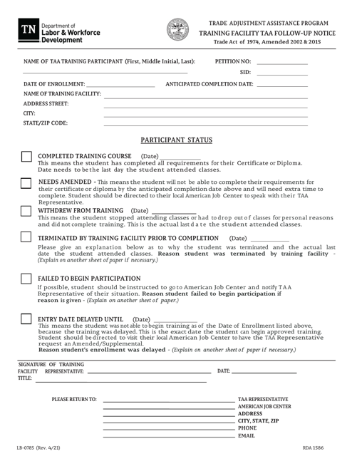 Form LB-0785 Training Facility Taa Follow-Up Notice - Tennessee