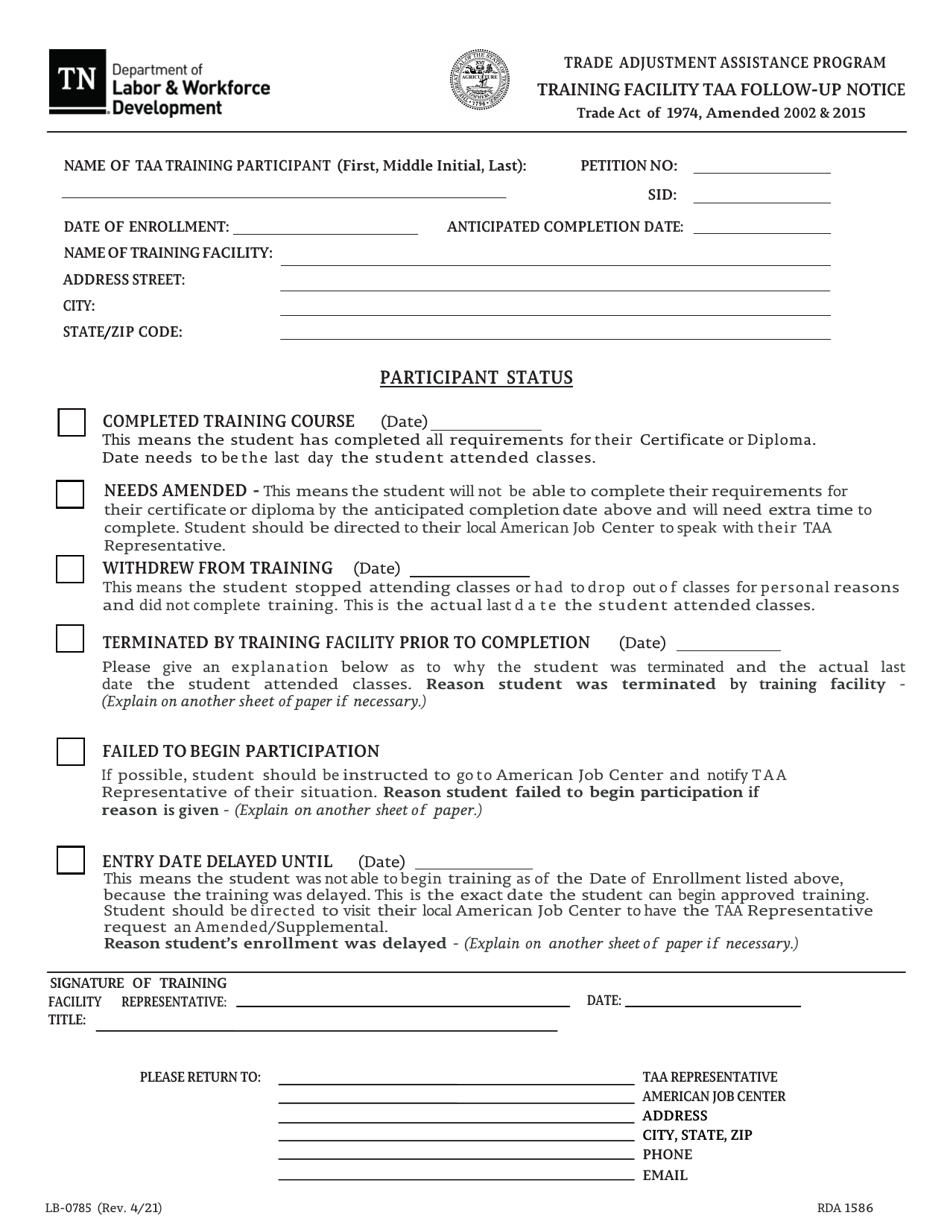 Form LB-0785 Training Facility Taa Follow-Up Notice - Tennessee, Page 1