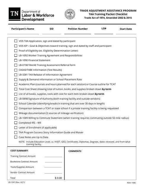 Form LB-1047 Taa Training Packet Checklist - Tennessee