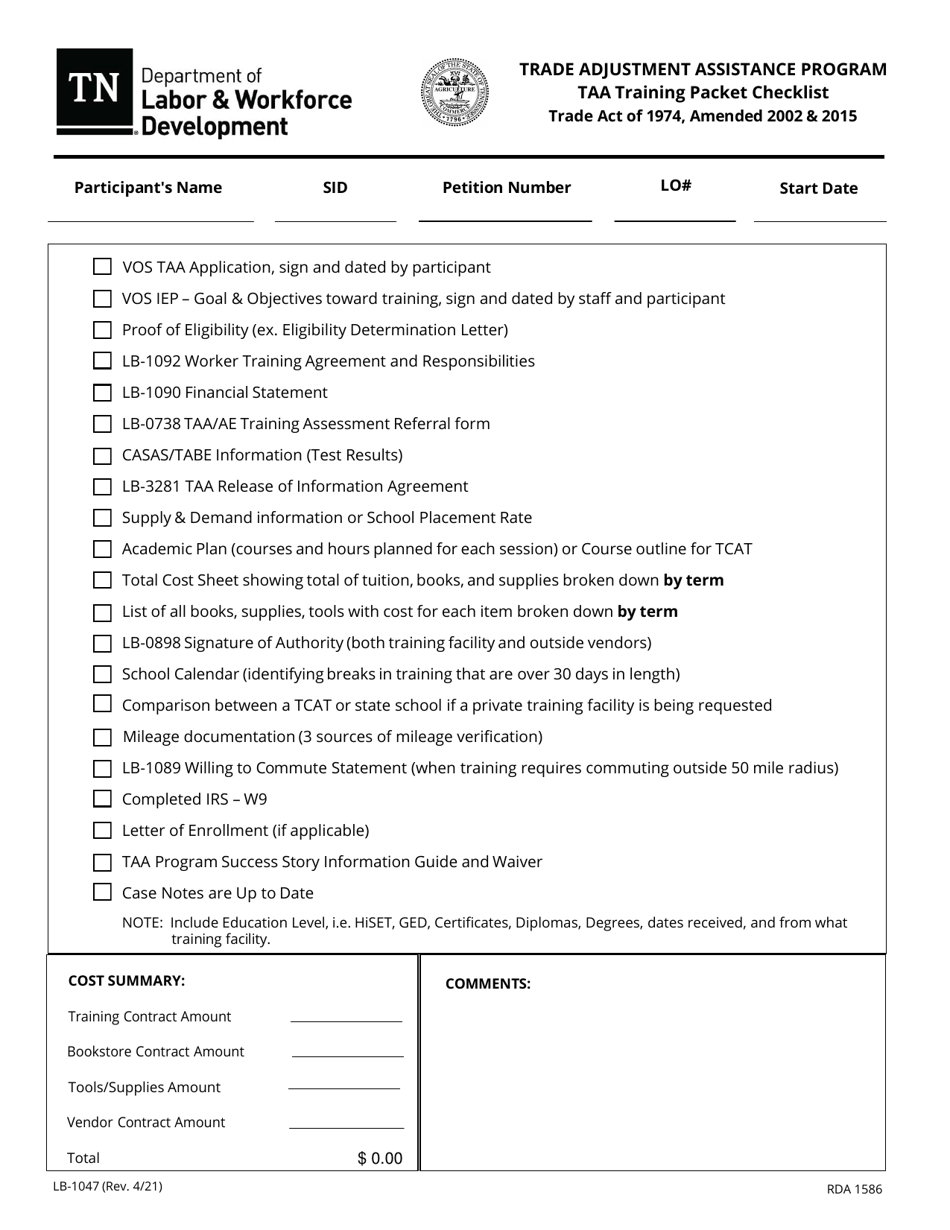 Form LB-1047 Taa Training Packet Checklist - Tennessee, Page 1