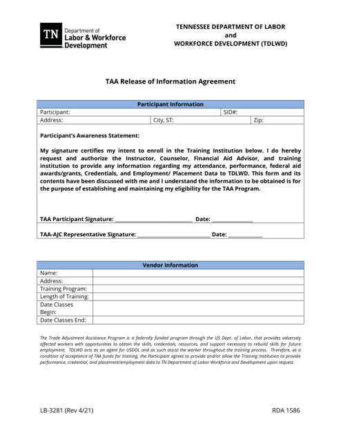 Form LB-3281 Taa Release of Information Agreement - Tennessee