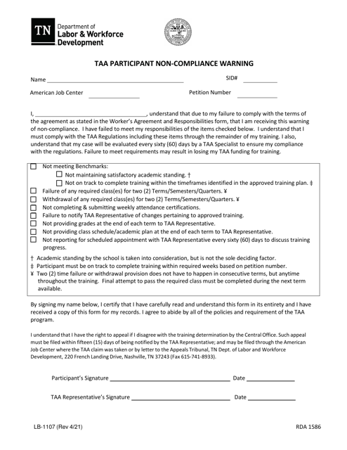 Form LB-1107 Taa Participant Non-compliance Warning - Tennessee