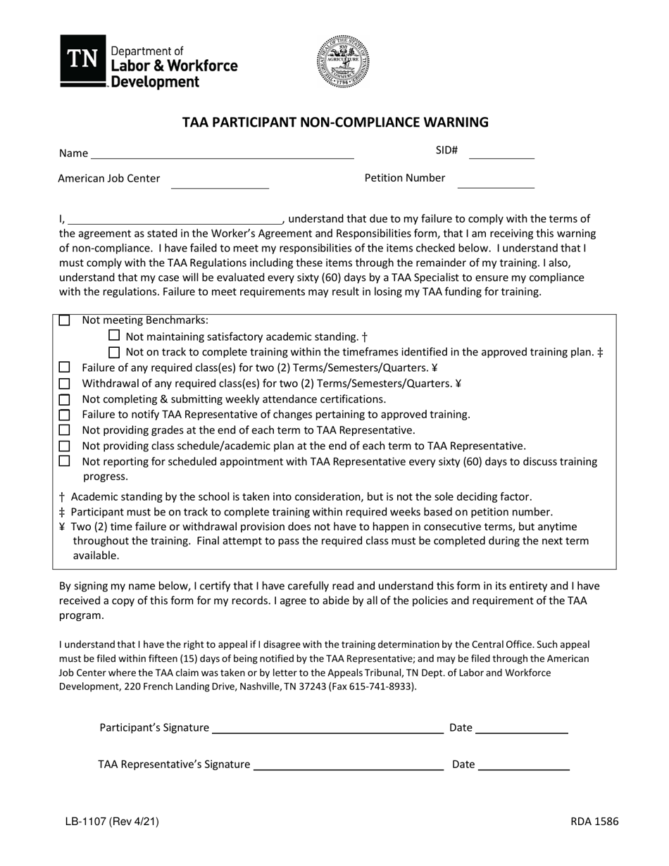Form LB-1107 Taa Participant Non-compliance Warning - Tennessee, Page 1