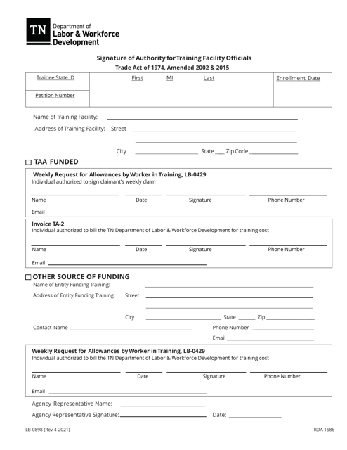 Form LB-0898 Signature of Authority for Training Facility Officials - Tennessee