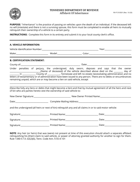 Form RV-F1310501 Affidavit of Inheritance - Tennessee