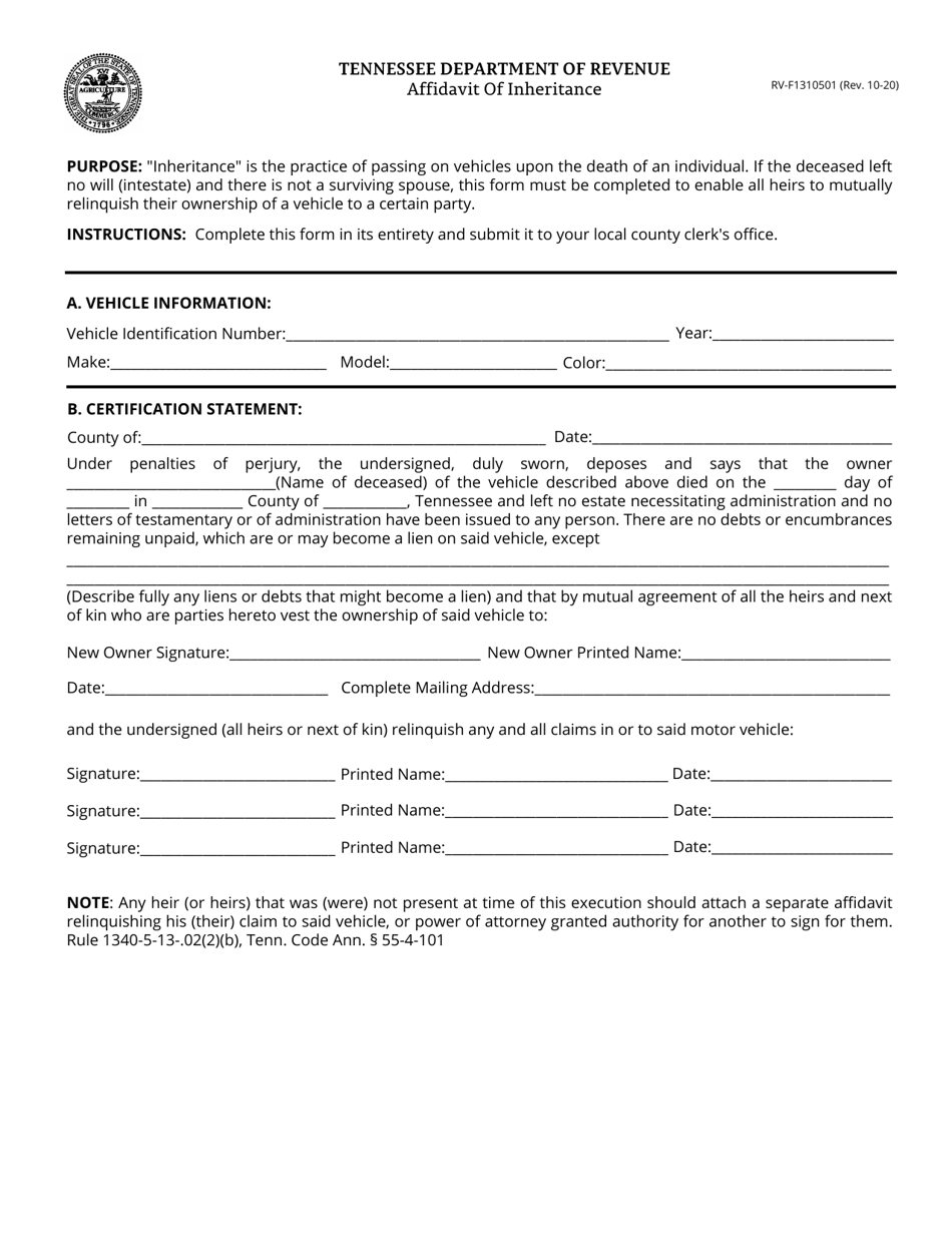 Form RV-F1310501 Affidavit of Inheritance - Tennessee, Page 1