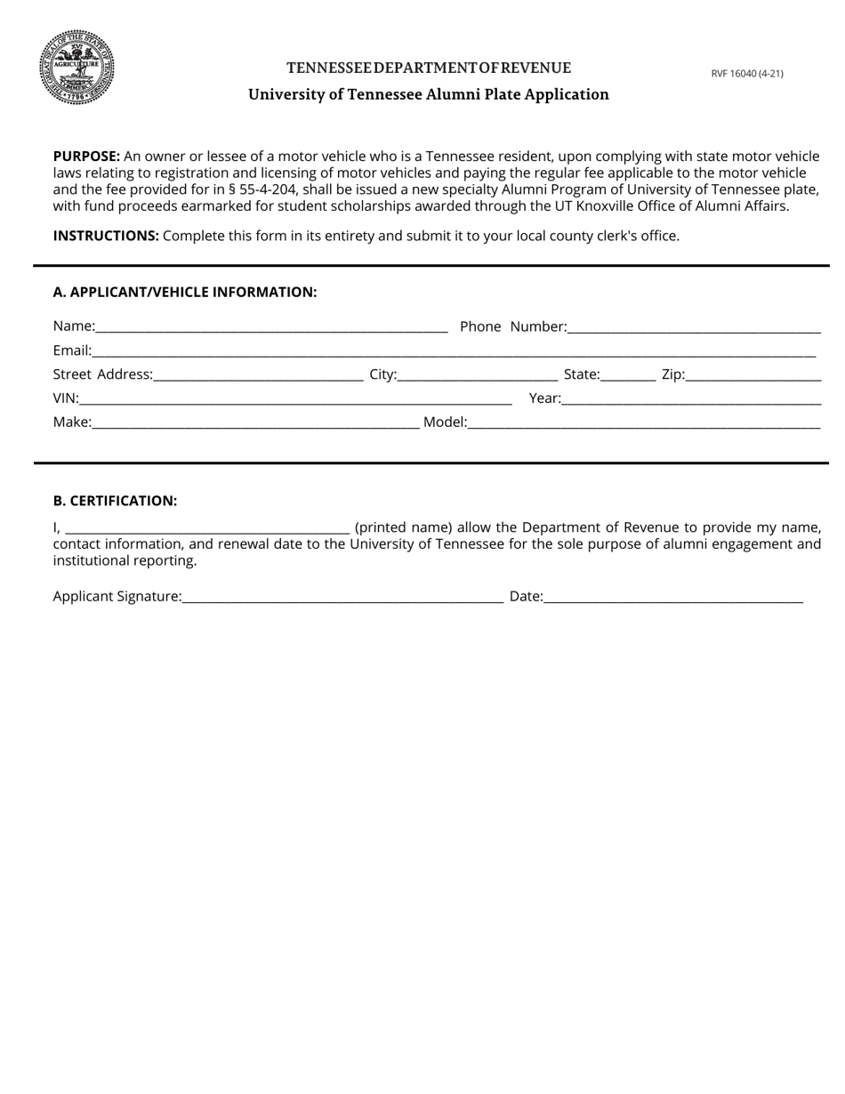 Form RVF16040 University of Tennessee Alumni Plate Application - Tennessee, Page 1