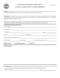 Document preview: Form RV-00000421 Insurance Coverage Failure Fee Refund Application - Tennessee