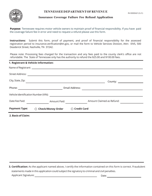 Form RV-00000421 Insurance Coverage Failure Fee Refund Application - Tennessee