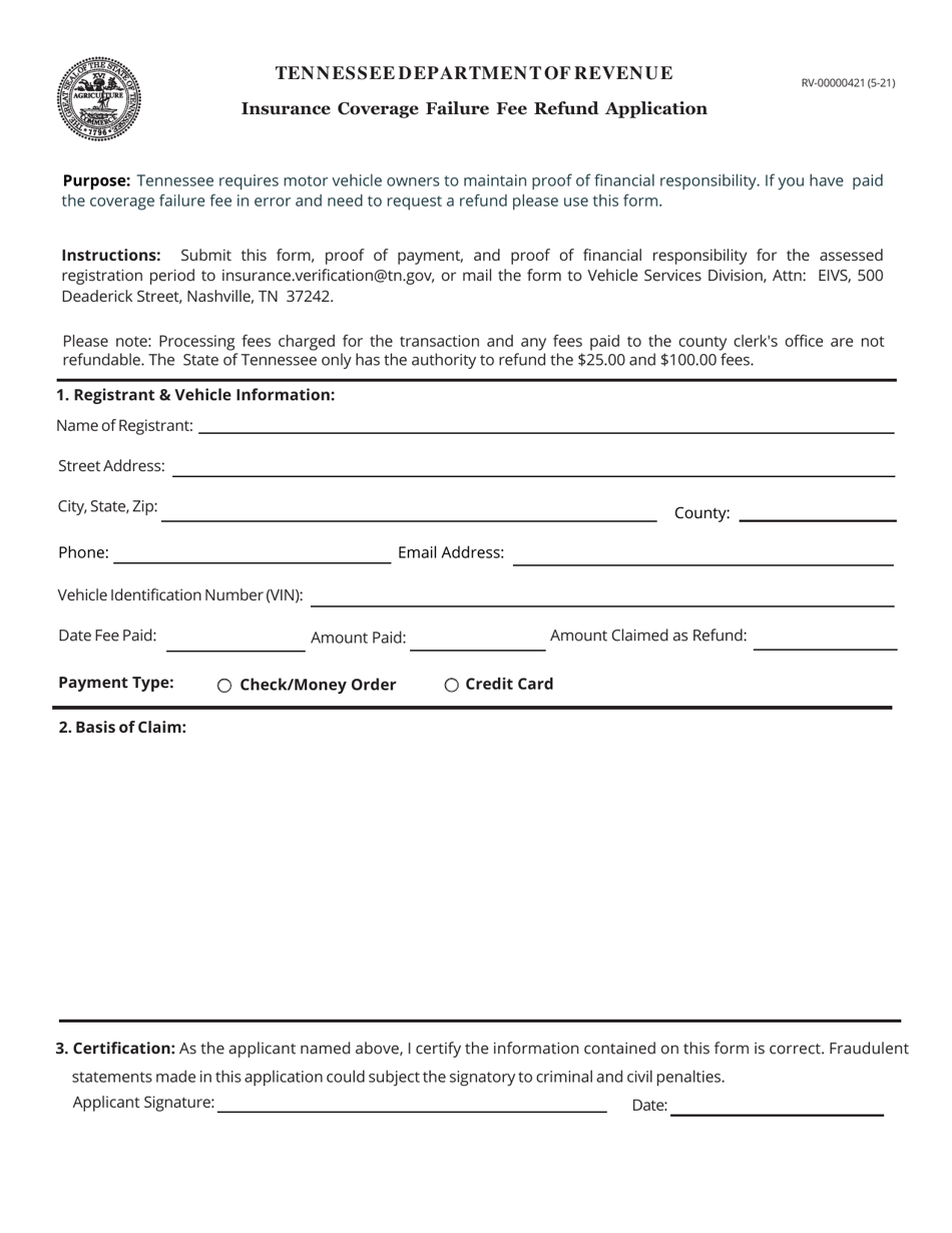 Form RV00000421 Download Fillable PDF or Fill Online Insurance