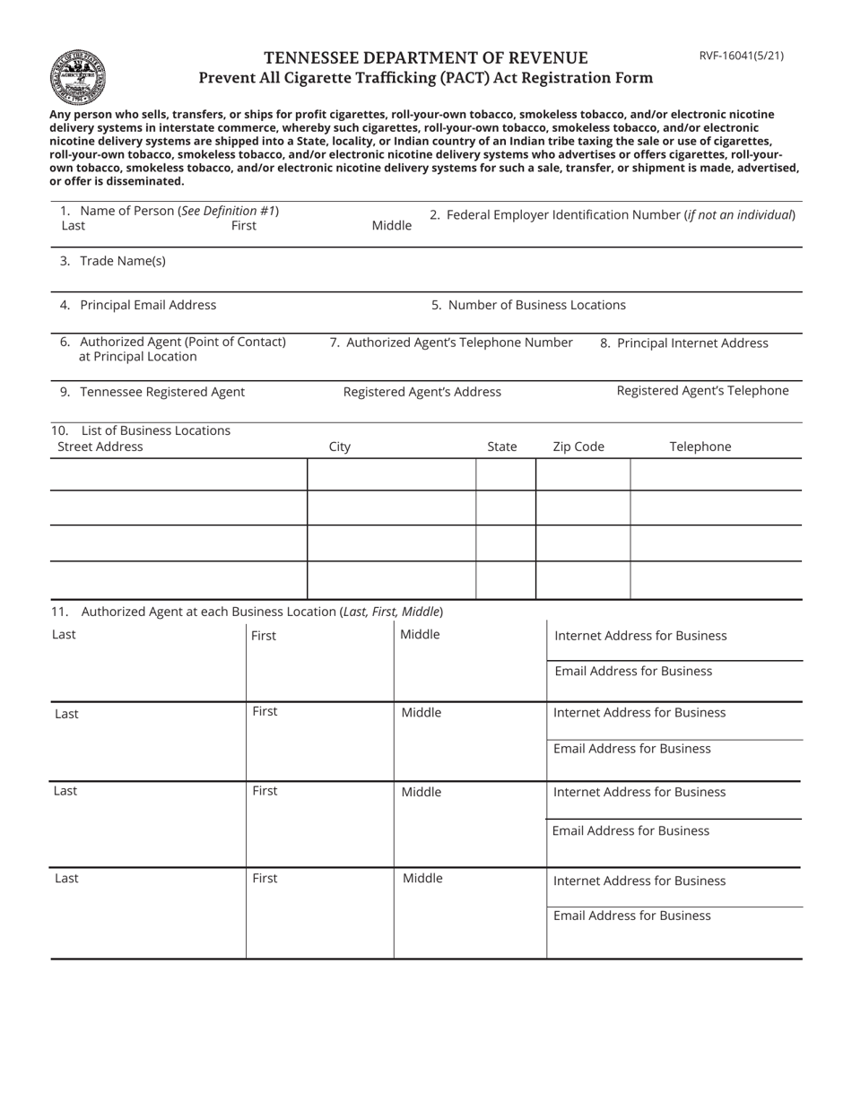 Form RVF-16041 Prevent All Cigarette Trafficking (Pact) Act Tennessee Registration Form - Tennessee, Page 1