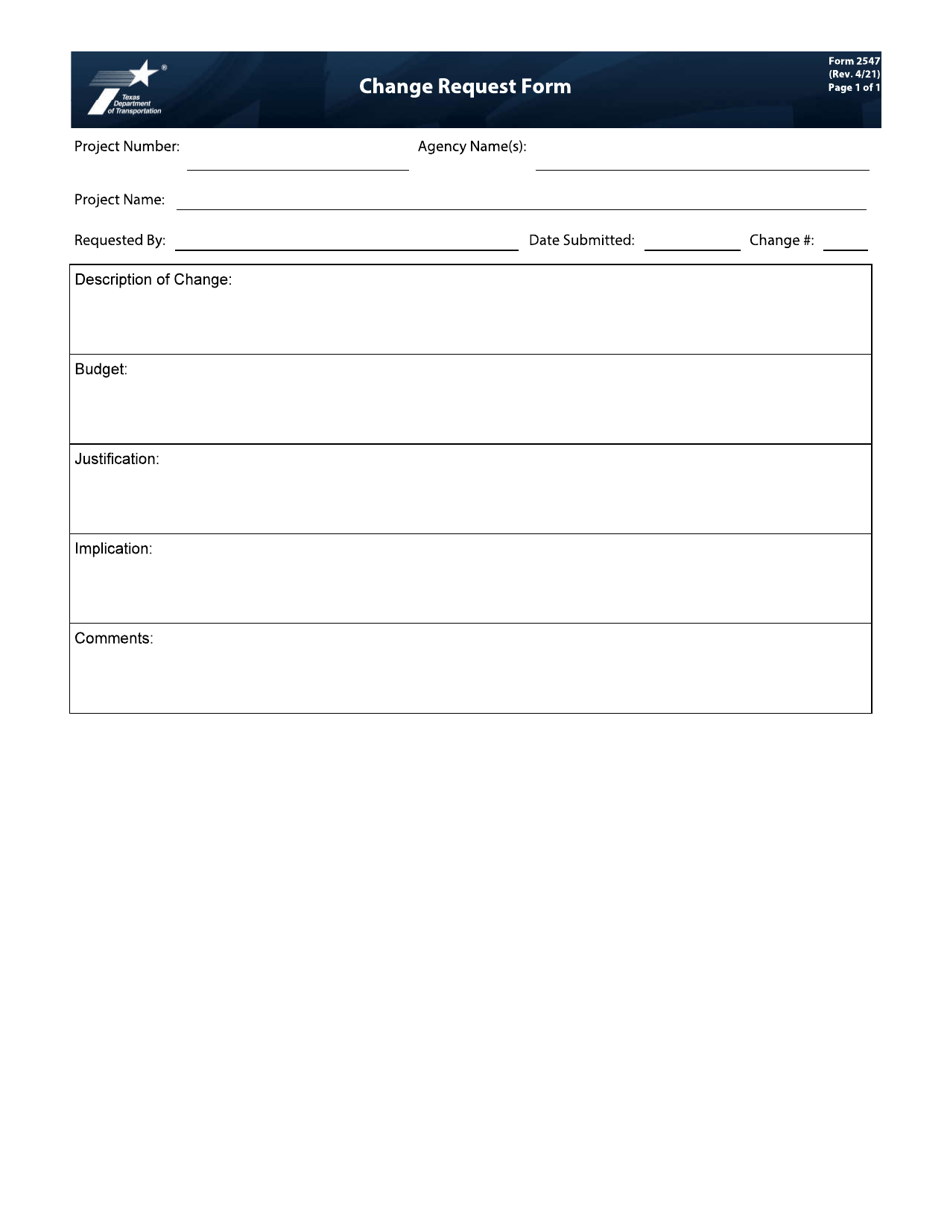 Form 2547 Change Request Form - Texas, Page 1