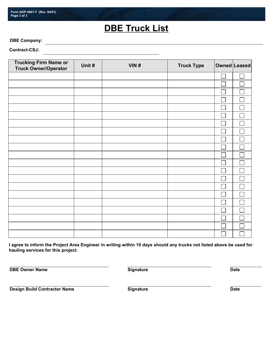 Form ADP-4901-T Disadvantaged Business Enterprise (Dbe) Program Trucking Commitment Agreement for Alternative Delivery Projects - Texas, Page 3