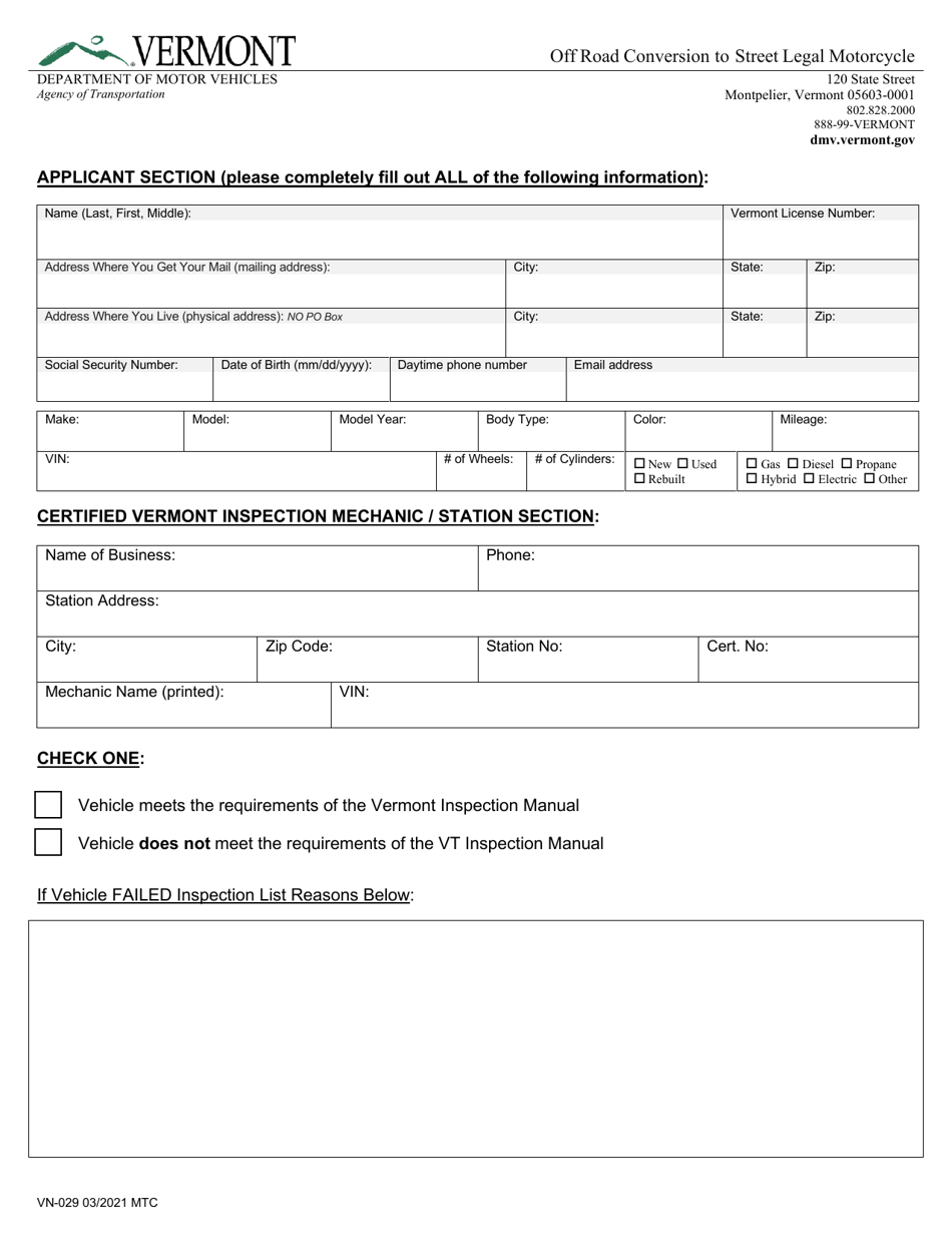 Form VN-029 Off Road Conversion to Street Legal Motorcycle - Vermont, Page 1