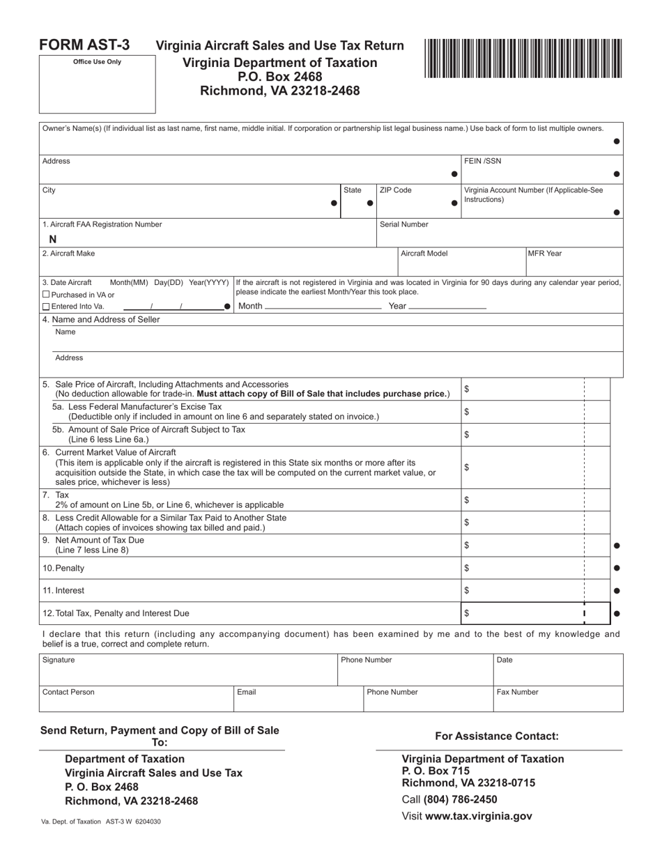Form AST-3 Virginia Aircraft Sales and Use Tax Return - Virginia, Page 1