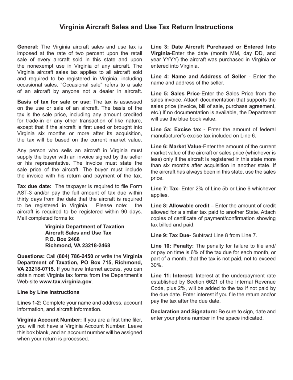 Form AST-3 Virginia Aircraft Sales and Use Tax Return - Virginia, Page 2