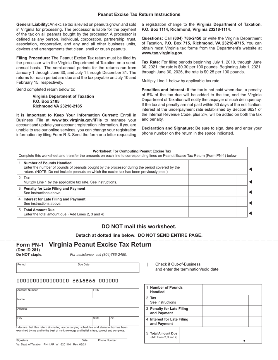 Form PN-1 Virginia Peanut Excise Tax Return - Virginia, Page 1