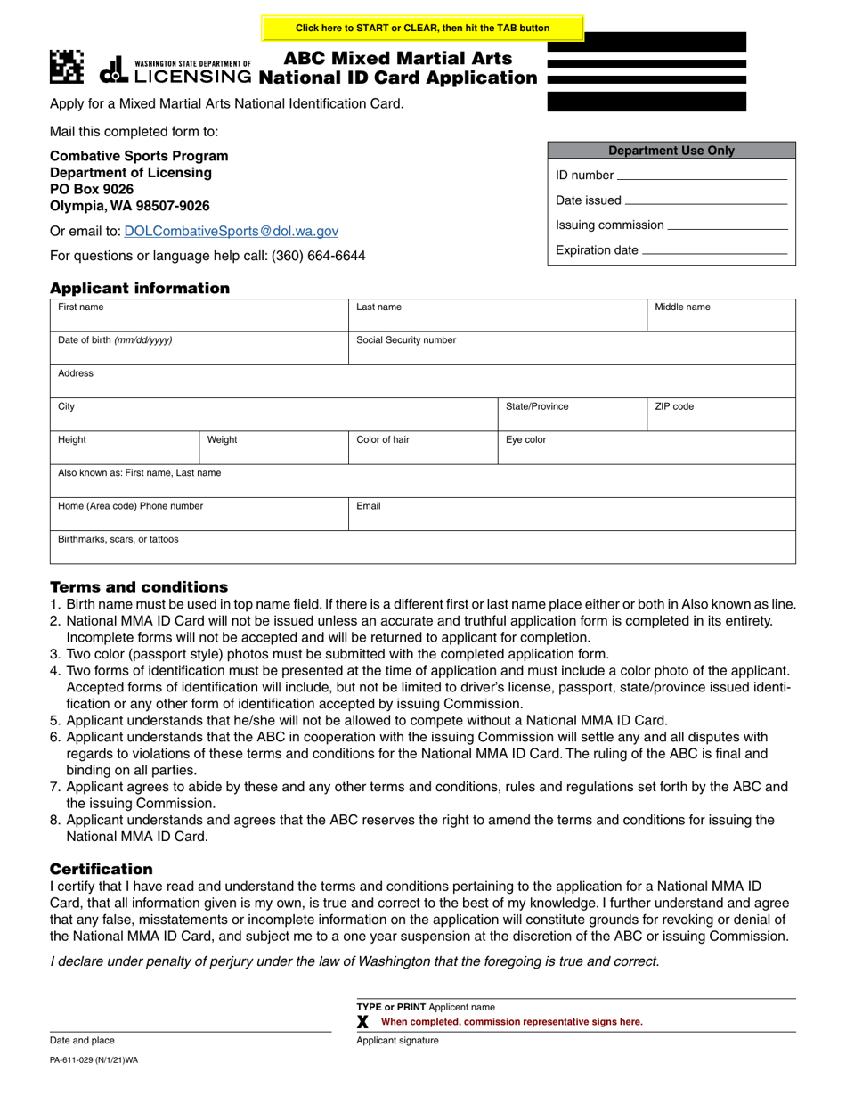 Form PA-611-029 Abc Mixed Martial Arts National Id Card Application - Washington, Page 1