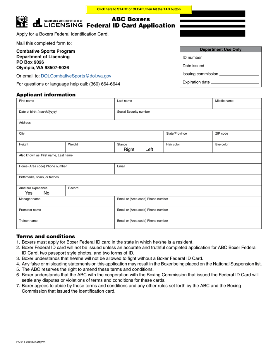 Form PA-611-030 Abc Boxers Federal Id Card Application - Washington, Page 1