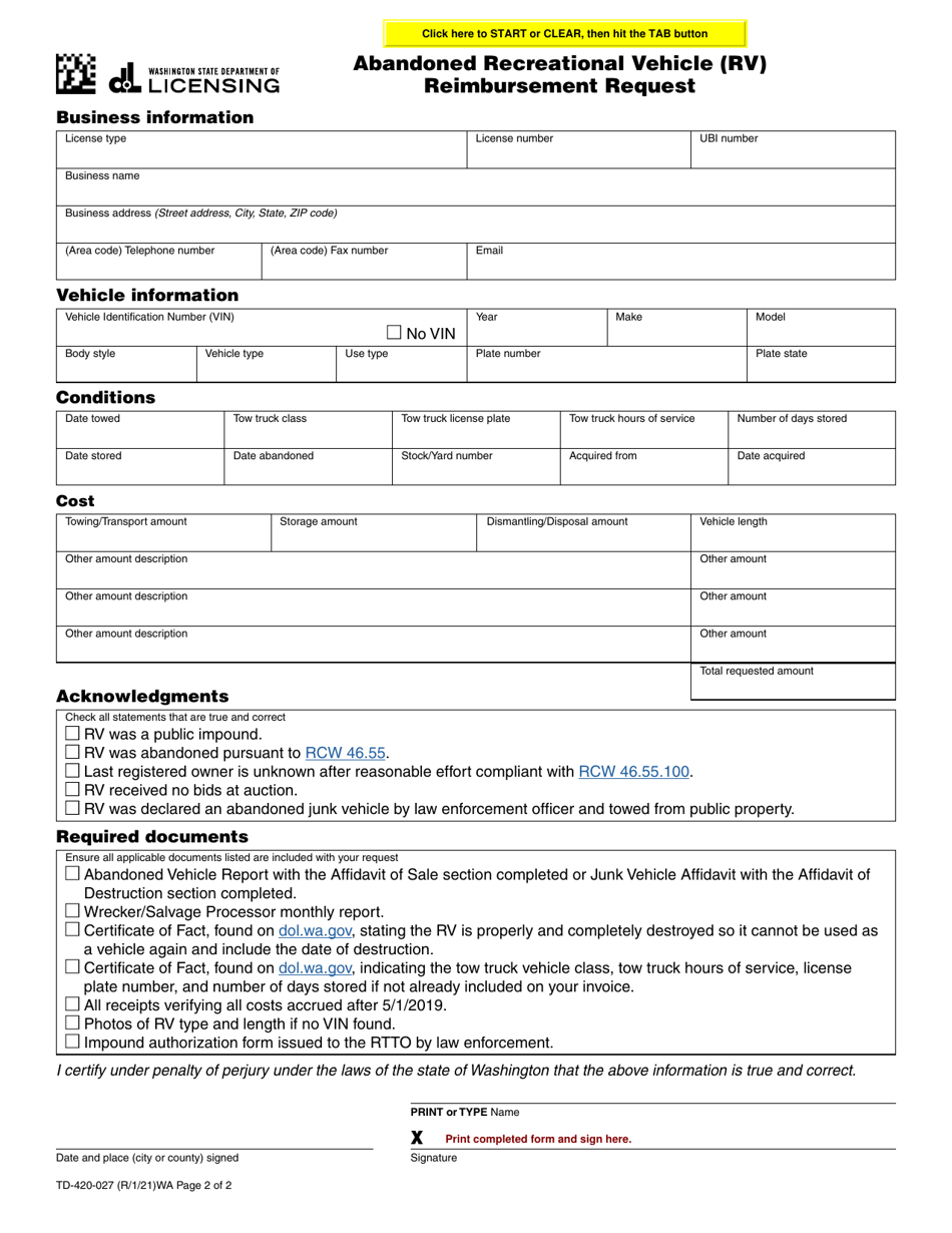 Form TD-420-027 Abandoned Recreational Vehicle (Rv) Reimbursement Request - Washington, Page 2