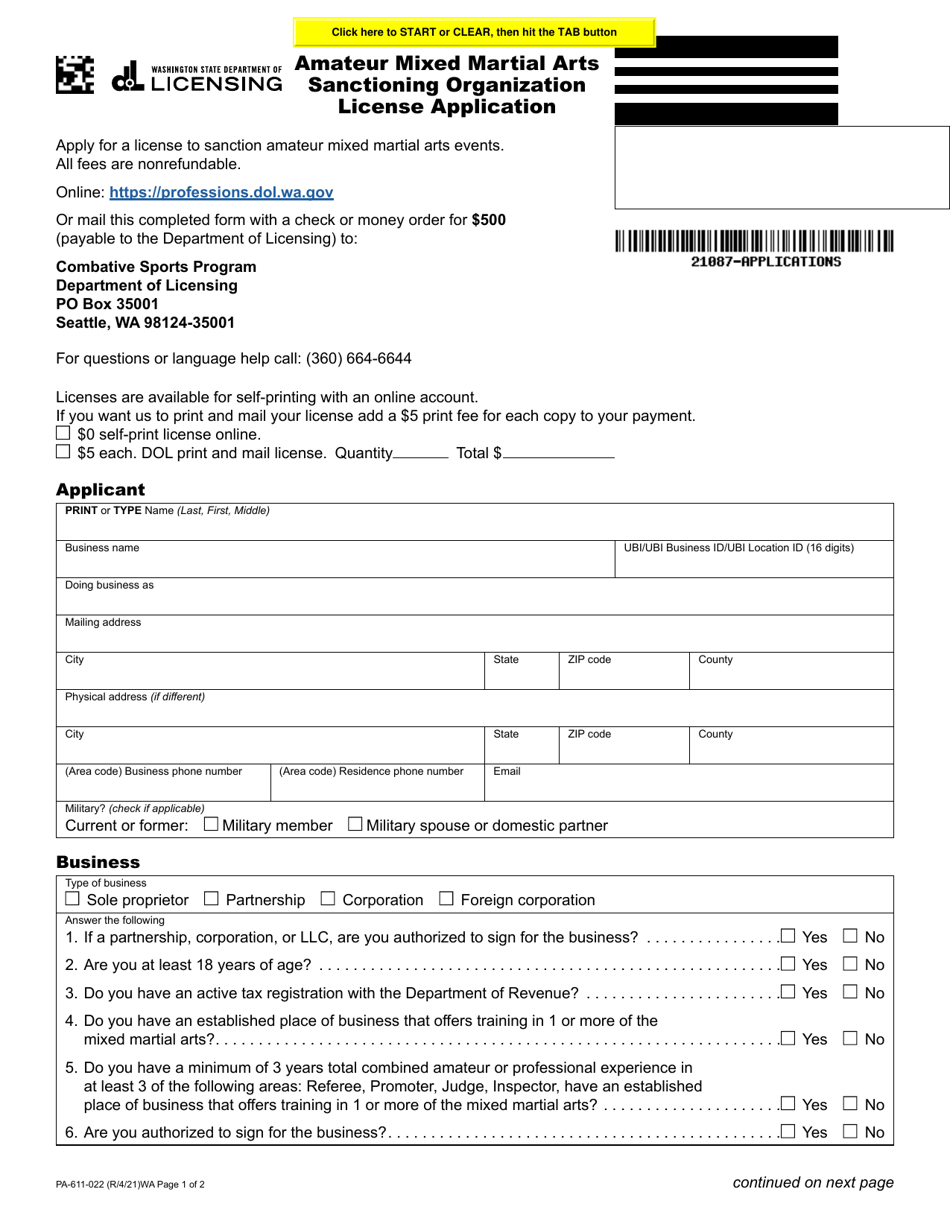 Form PA-611-022 Amateur Mixed Martial Arts Sanctioning Organization License Application - Washington, Page 1