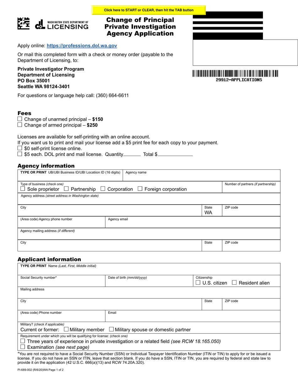 Form PI-689-002 Change of Principal Private Investigation Agency Application - Washington, Page 1