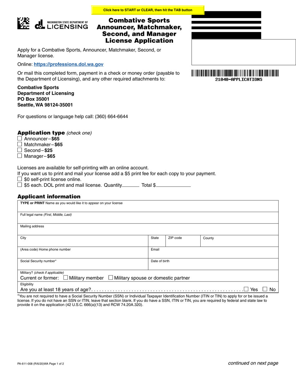 Form PA-611-008 Combative Sports Announcer, Matchmaker, Second, and Manager License Application - Washington, Page 1