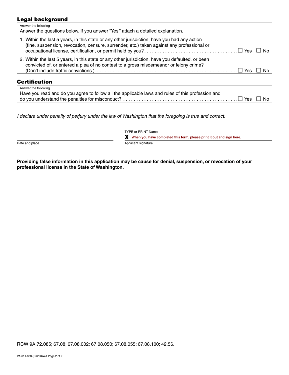 Form PA-611-008 Combative Sports Announcer, Matchmaker, Second, and Manager License Application - Washington, Page 2