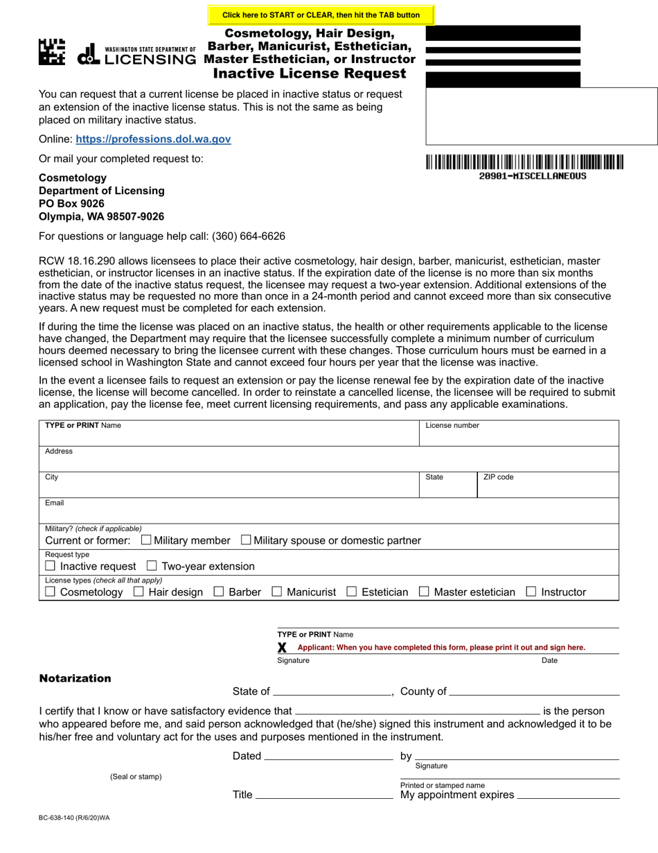 Form BC-638-140 Cosmetology, Hair Design, Barber, Manicurist, Esthetician, Master Esthetician, or Instructor Inactive License Request - Washington, Page 1
