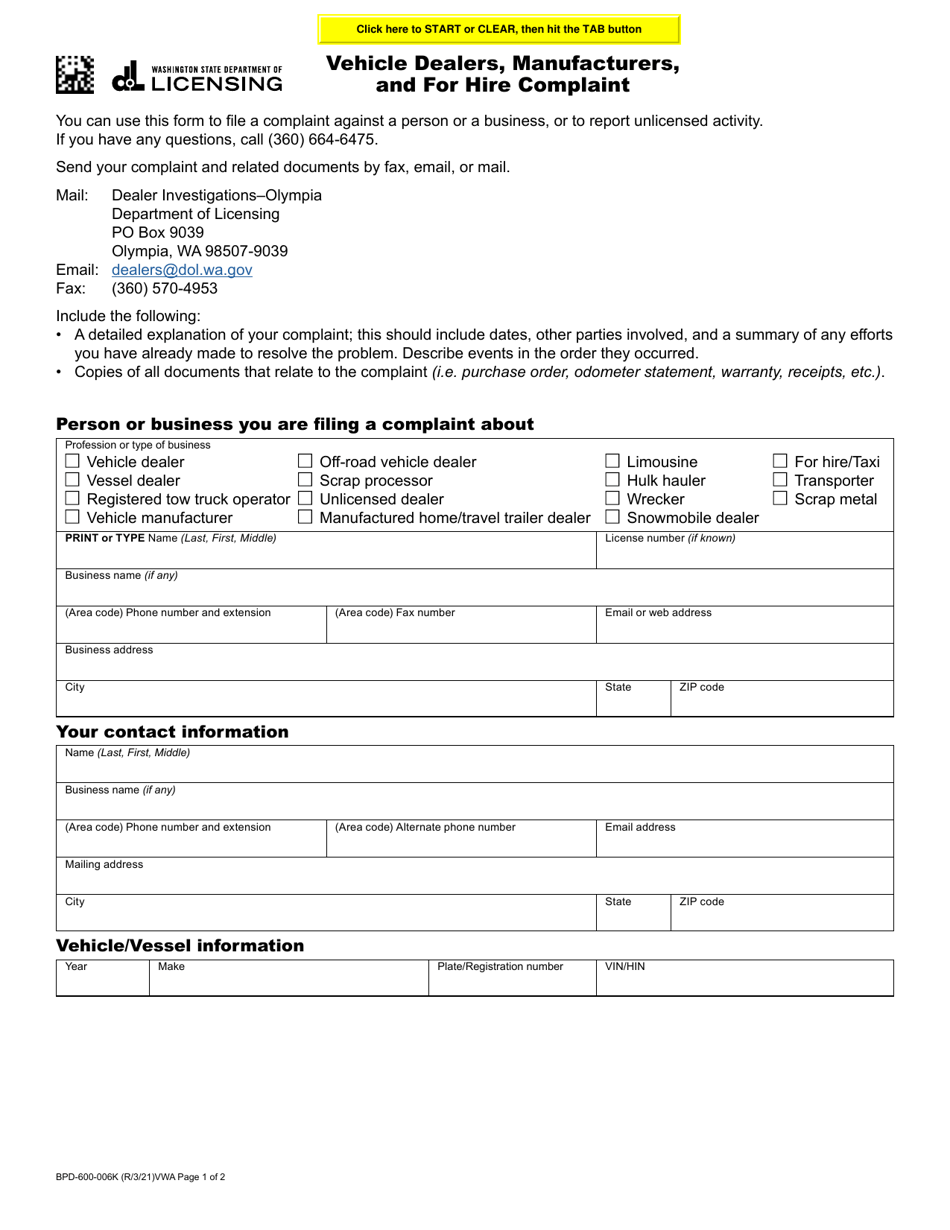 Form BPD-600-006K Vehicle Dealers, Manufacturers, and for Hire Complaint - Washington, Page 1