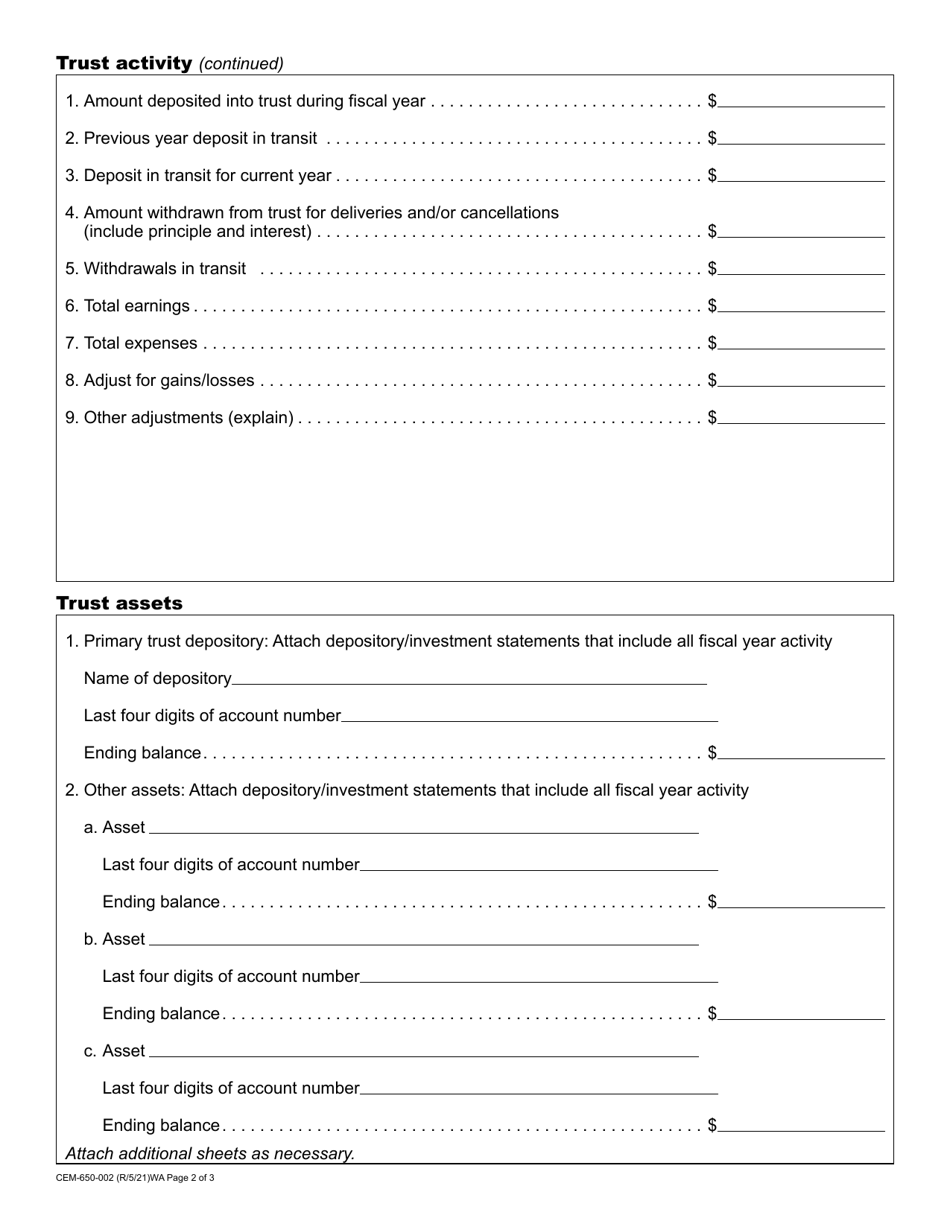Form CEM-650-002 Cemetery Prearrangement Sales Annual Report - Washington, Page 2