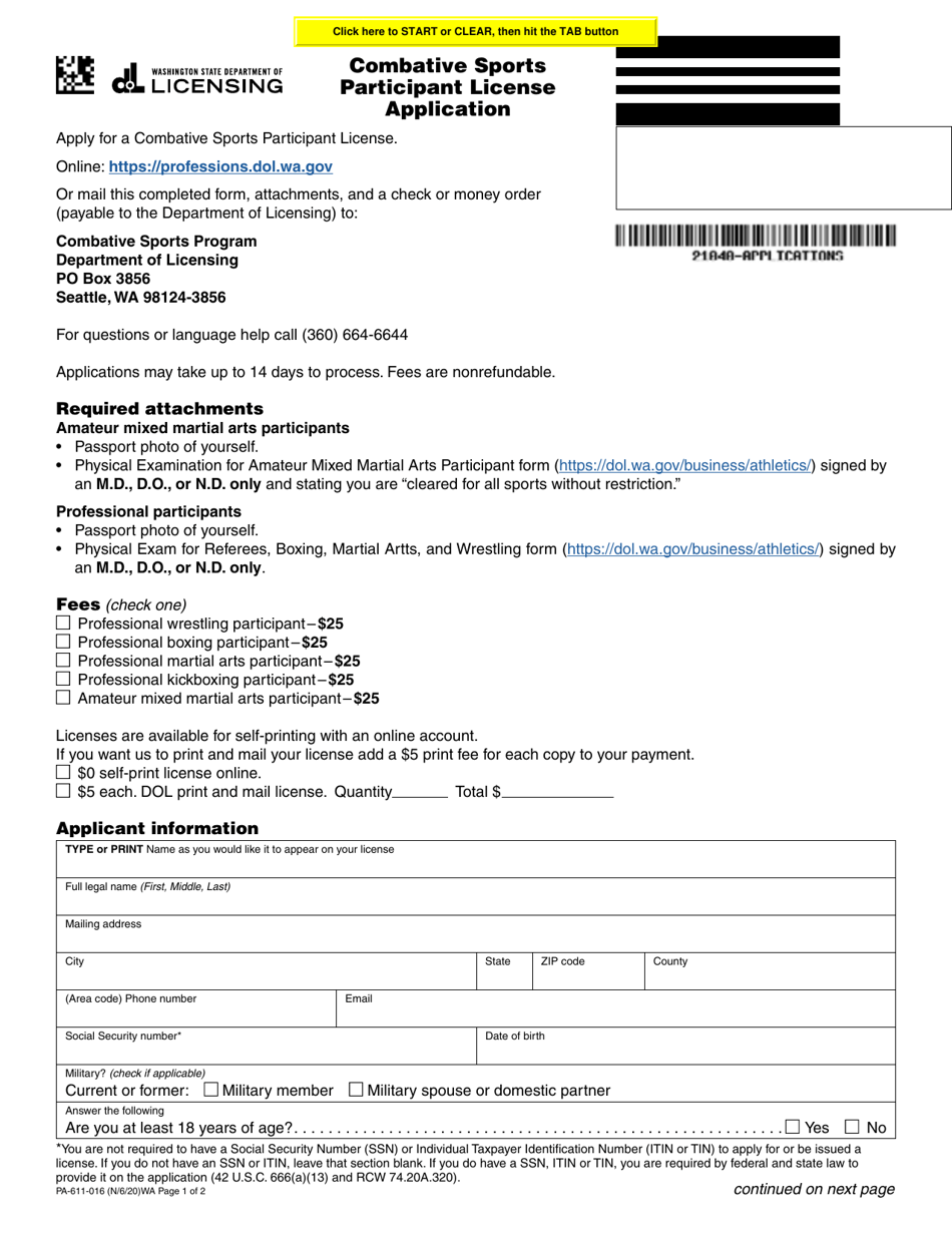 Form PA-611-016 Combative Sports Participant License Application - Washington, Page 1