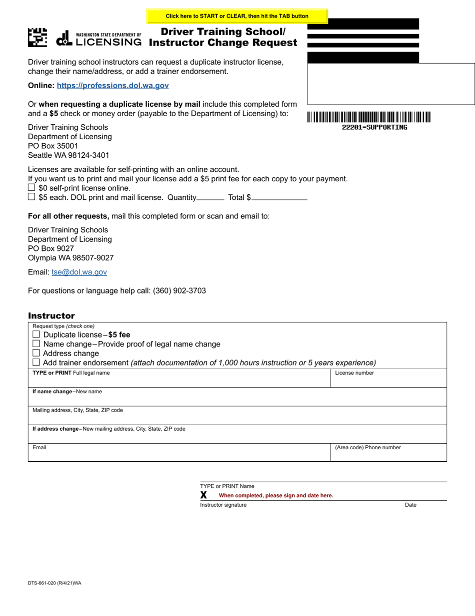 Form DTS-661-020 Driver Training School/Instructor Change Request - Washington, Page 1