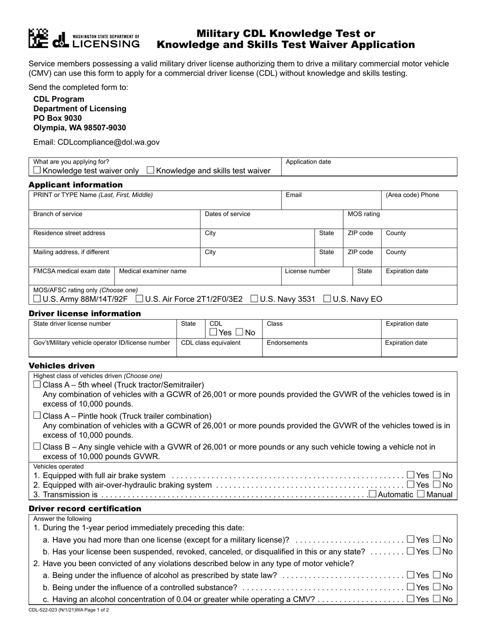 Form CDL-522-023 Military Cdl Knowledge Test or Knowledge and Skills Test Waiver Application - Washington, Page 1