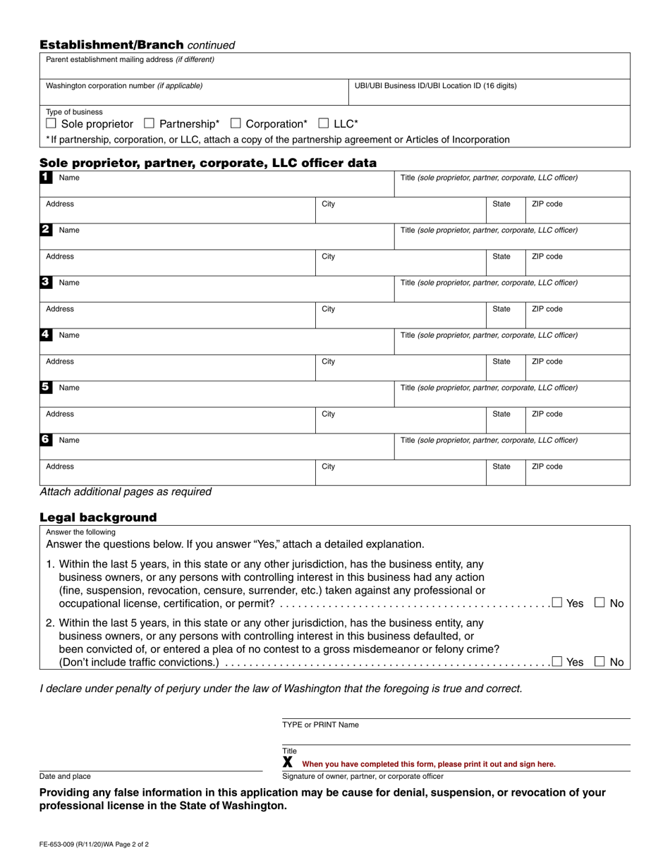 Form FE-653-009 Funeral Establishment / Branch License Application and Information Change Request - Washington, Page 2