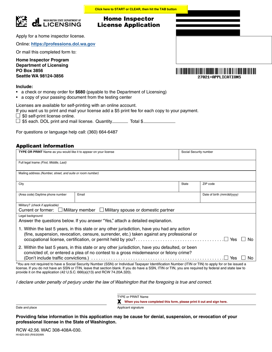 Form HI625003 Download Fillable PDF or Fill Online Home Inspector License Application