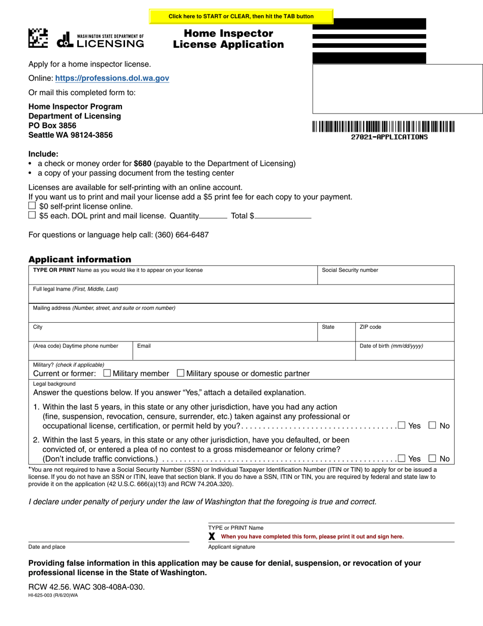 Form HI-625-003 Home Inspector License Application - Washington, Page 1