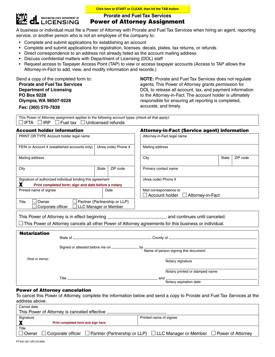 Form FT-441-021 Power of Attorney Assignment - Washington, Page 1