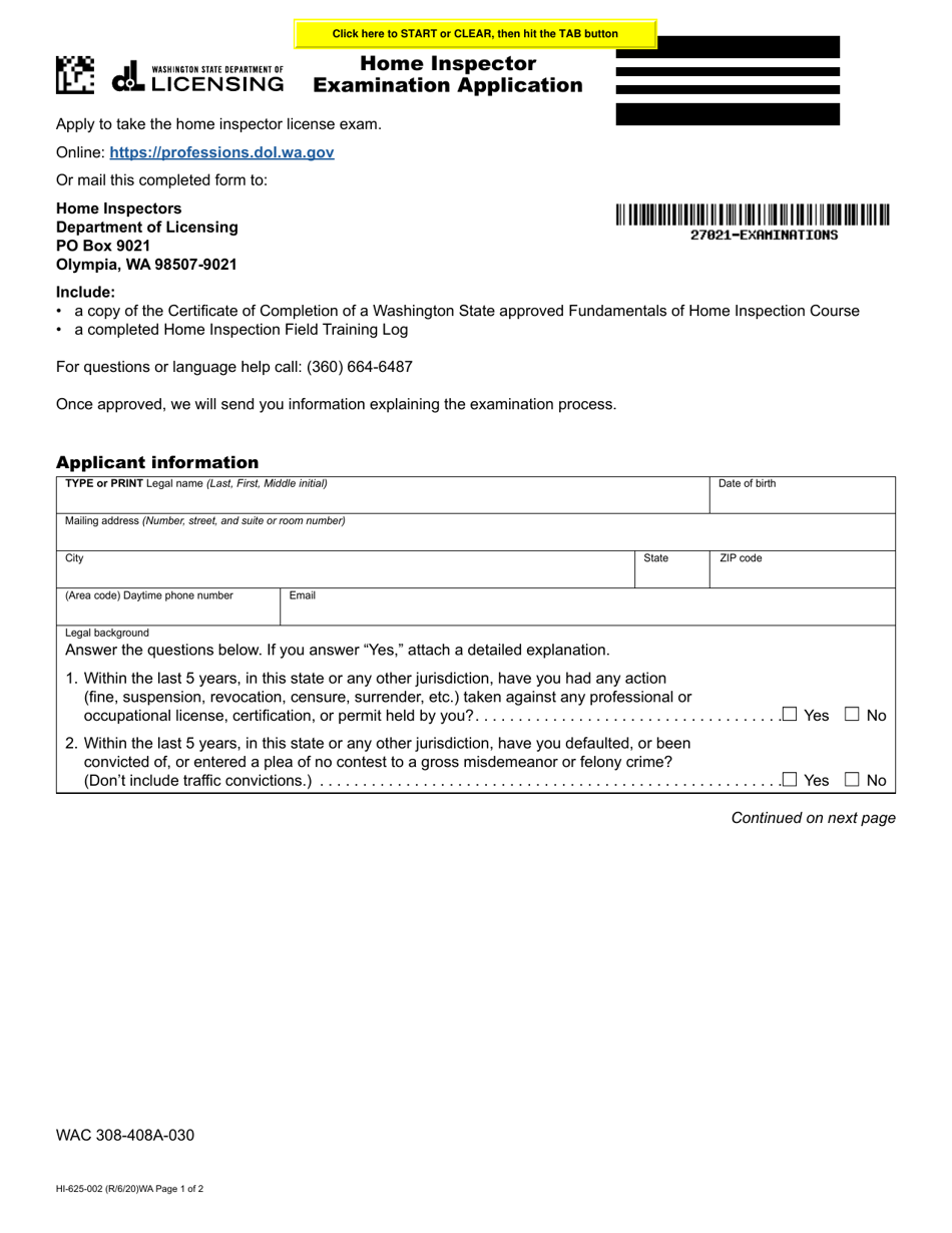 Form HI-625-002 Home Inspector Examination Application - Washington, Page 1