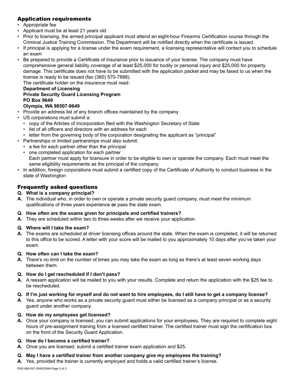 Form PSG-690-001 Private Security Guard Company / Qualifying Principal License Application - Washington, Page 3