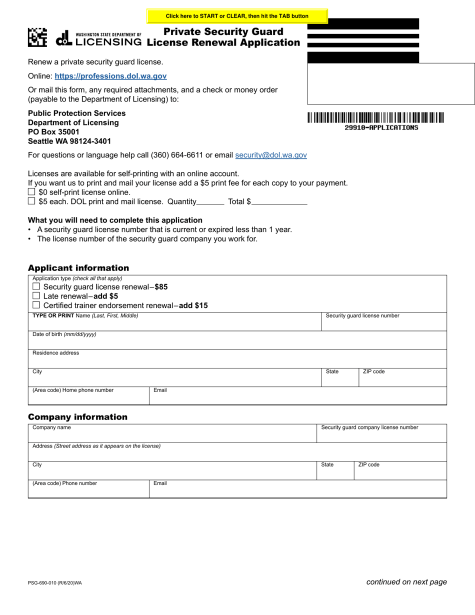 Form PSG-690-010 Private Security Guard License Renewal Application - Washington, Page 1