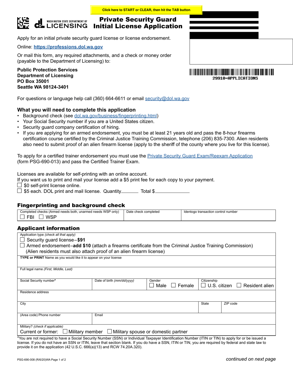 Form PSG-690-008 Private Security Guard Initial License Application - Washington, Page 1