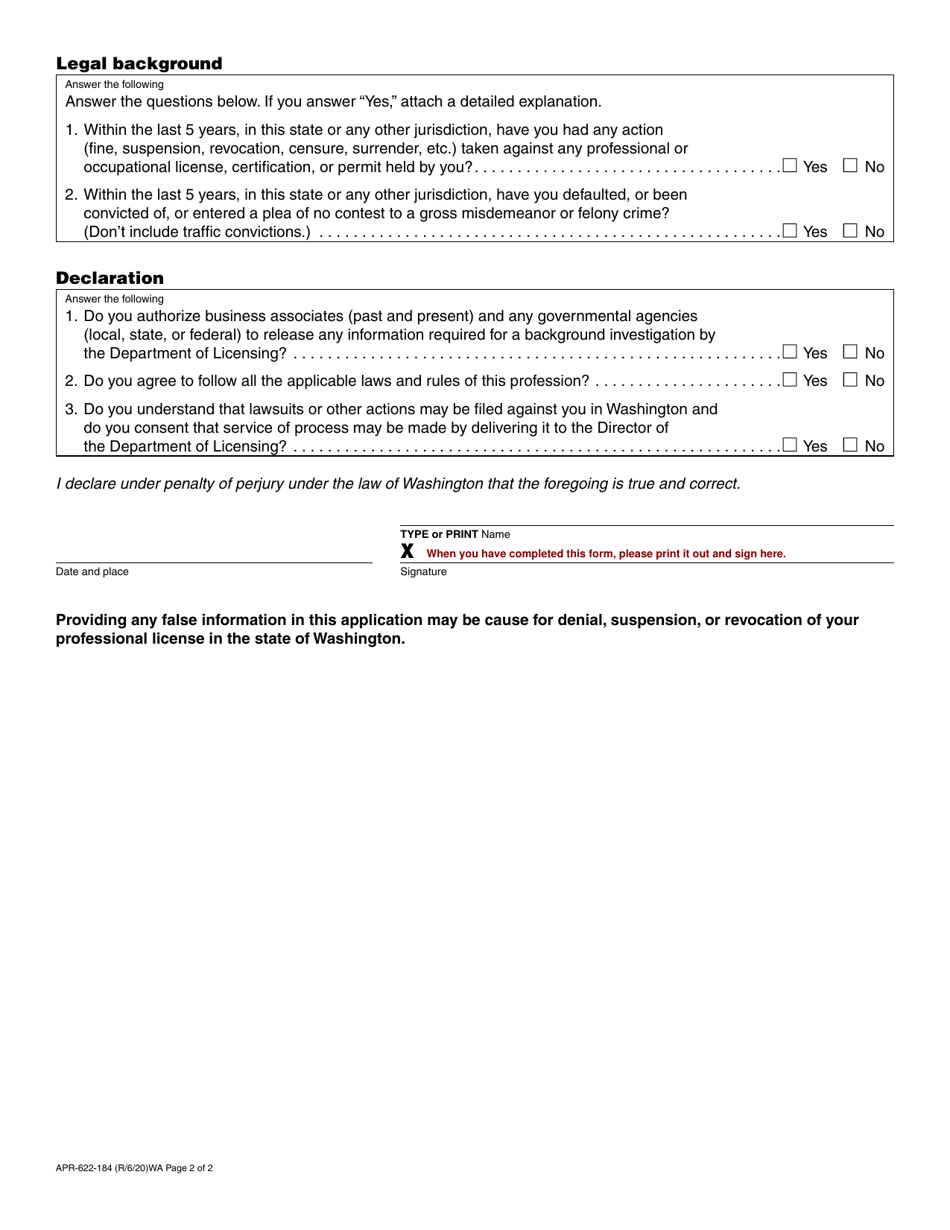 Form APR-622-184 Real Estate Appraiser Reciprocal License / Certification Application - Washington, Page 2