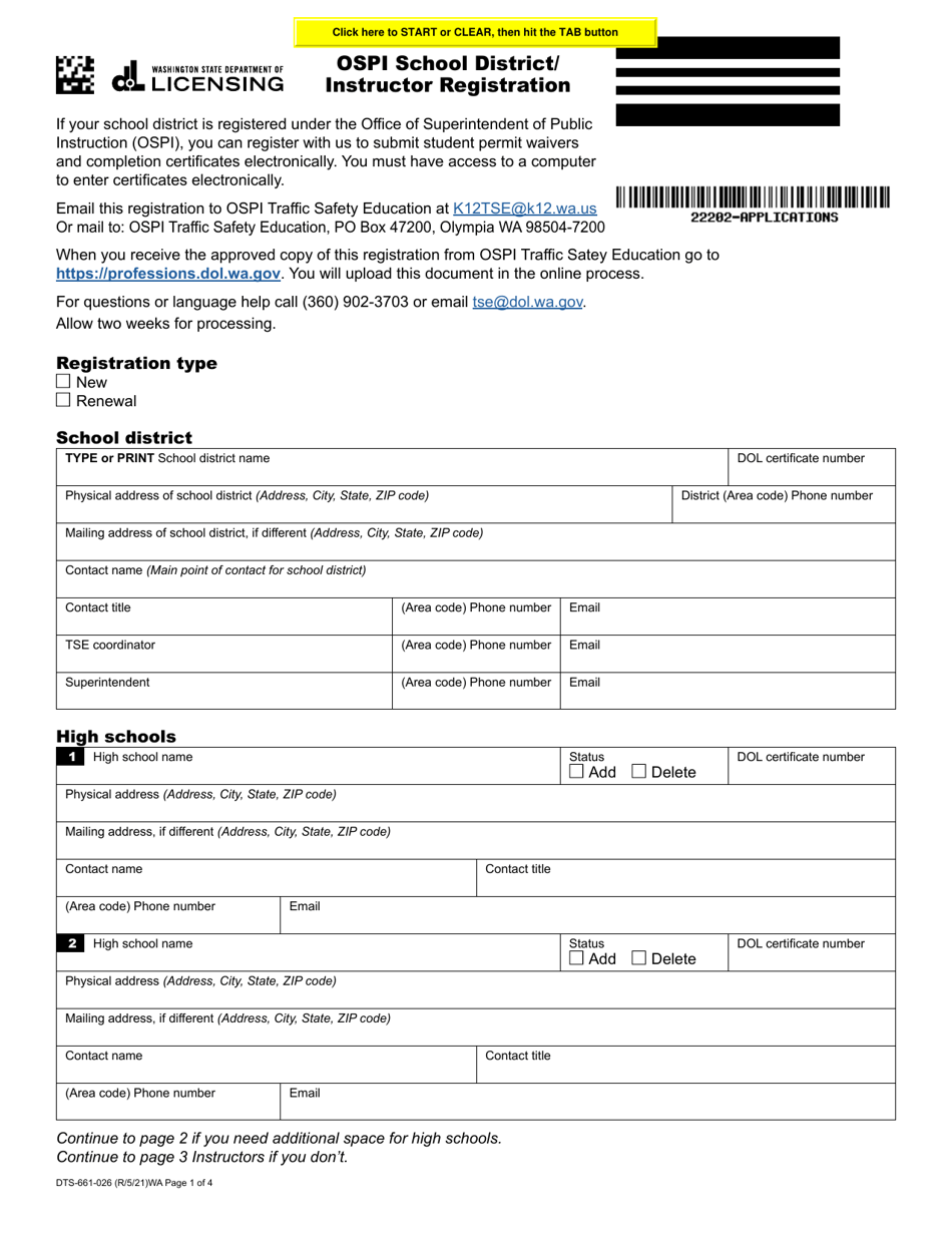 Form DTS-661-026 Ospi School District / Instructor Registration - Washington, Page 1
