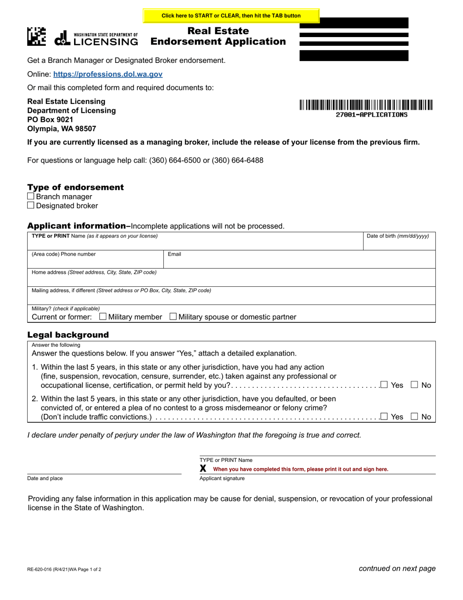 Form RE-620-016 Real Estate Endorsement Application - Washington, Page 1
