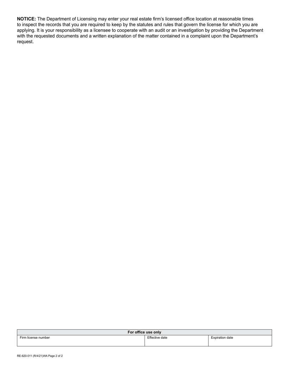 Form RE-620-011 Real Estate Branch Office License Application - Washington, Page 2