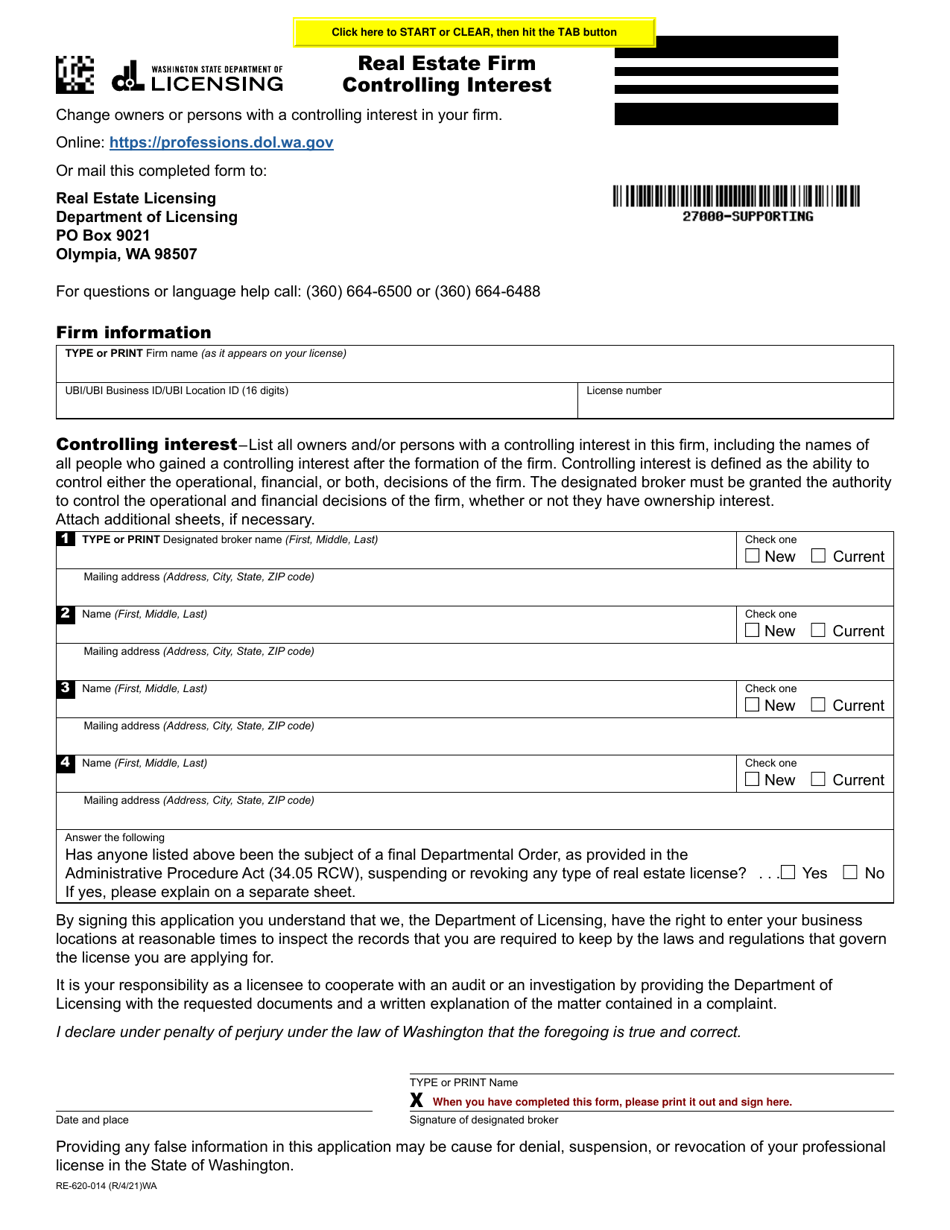 Form RE-620-014 Real Estate Firm Controlling Interest - Washington, Page 1