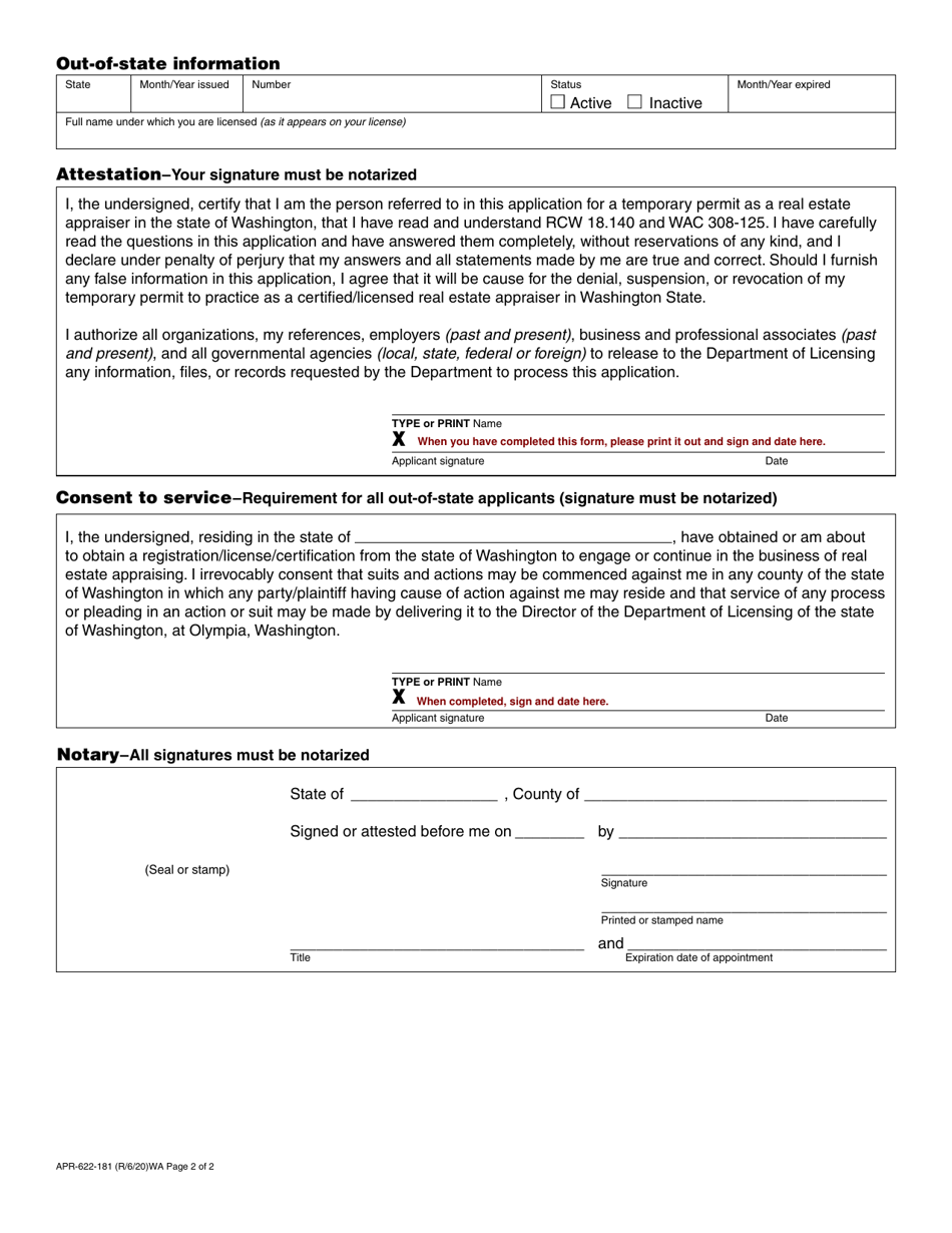 Form APR-622-181 Real Estate Appraiser Temporary Practice Application - Washington, Page 2